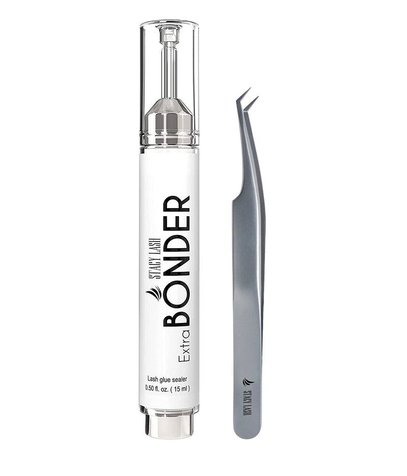 Extra Bonder & Stacy Lash STL-13 Curved L-Shaped Tweezers/Super Sealer/Prevents Adhesive Shock Polymerization/Precision Stainless Steel Tool/Angled Tips/Professional Supplies