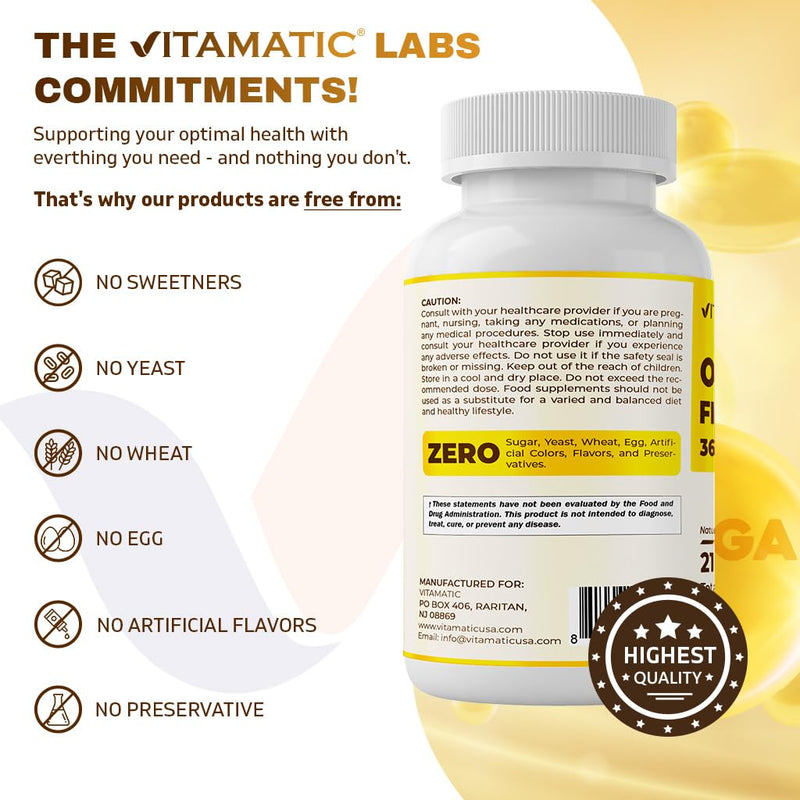 Vitamatic Triple Strength Omega 3 Fish Oil 3600mg Per Serving, 2160mg Omega 3 Fatty Acids, 1296mg EPA + 864mg DHA, Burpless Lemon Flavor, 180 Softgels 180 Count (Pack of 1)