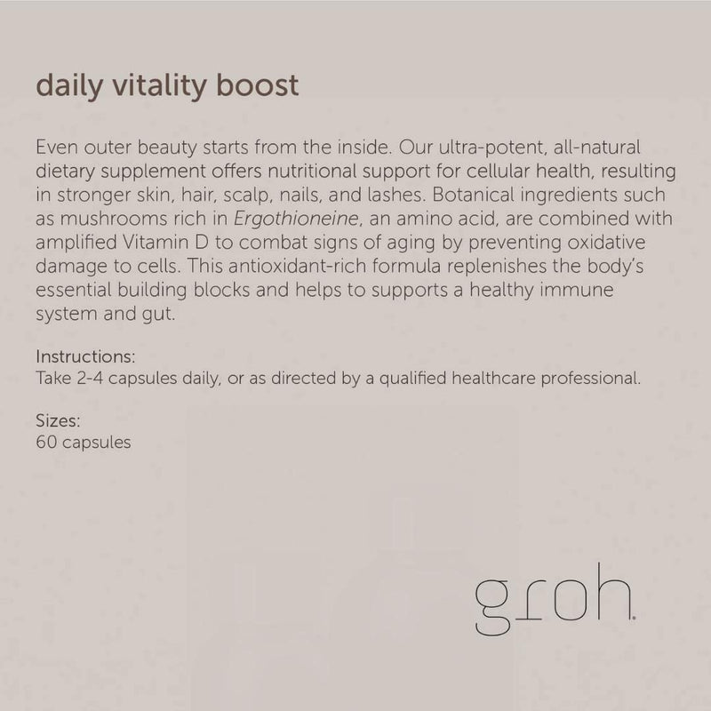 Groh Daily Vitality Boost - All Natural Hair Growth Supplement powered by ErgoD2 - Rich in Antioxidants - Vitamins for Stronger Hair, Skin & Nails- Best Choice for Thinning Hair - 60 Count