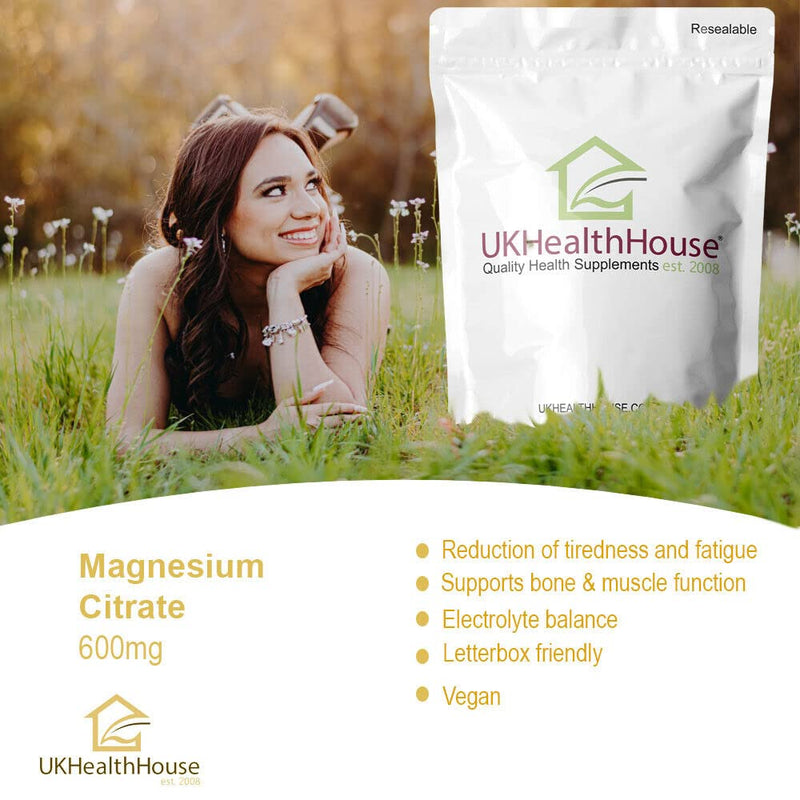 UKHealthHouse Magnesium Citrate 600mg High Strength Capsules Premium Capsules Providing 30% Elemental Magnesium Supplement Easily Absorbable (180 caps) 180 count (Pack of 1)