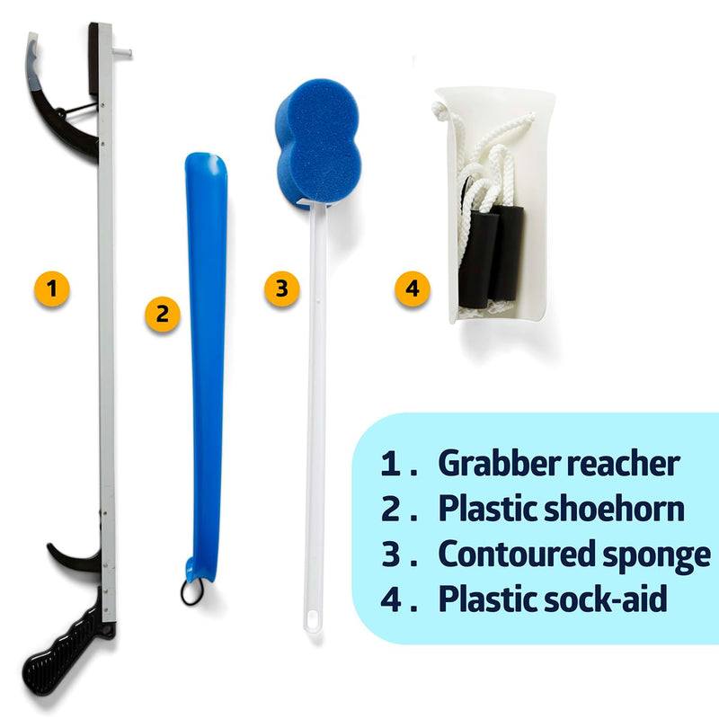 [Australia] - Medline Economy Hip Kit, Mobility Aids Ideal for Hip Surgery Recovery, 4-Pieces, 26" Grabber Reacher, Shoehorn, Sock-Aid, and Contoured Bath Sponge 