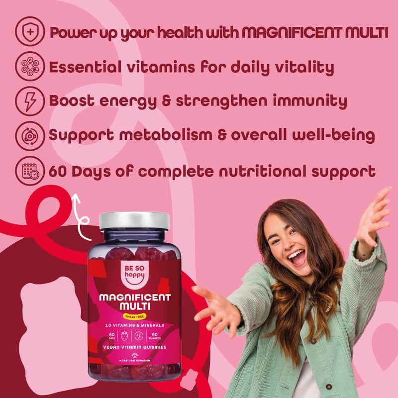 BeSoHappy® Multivitamin Gummies for Women 2 Month Supply, for Men Adults & Kids for Immune System, Tiredness and Fatigue with 10 Vitamins, A, B6, B12, C, D and E Vegan, Gluten and Lactose Free.