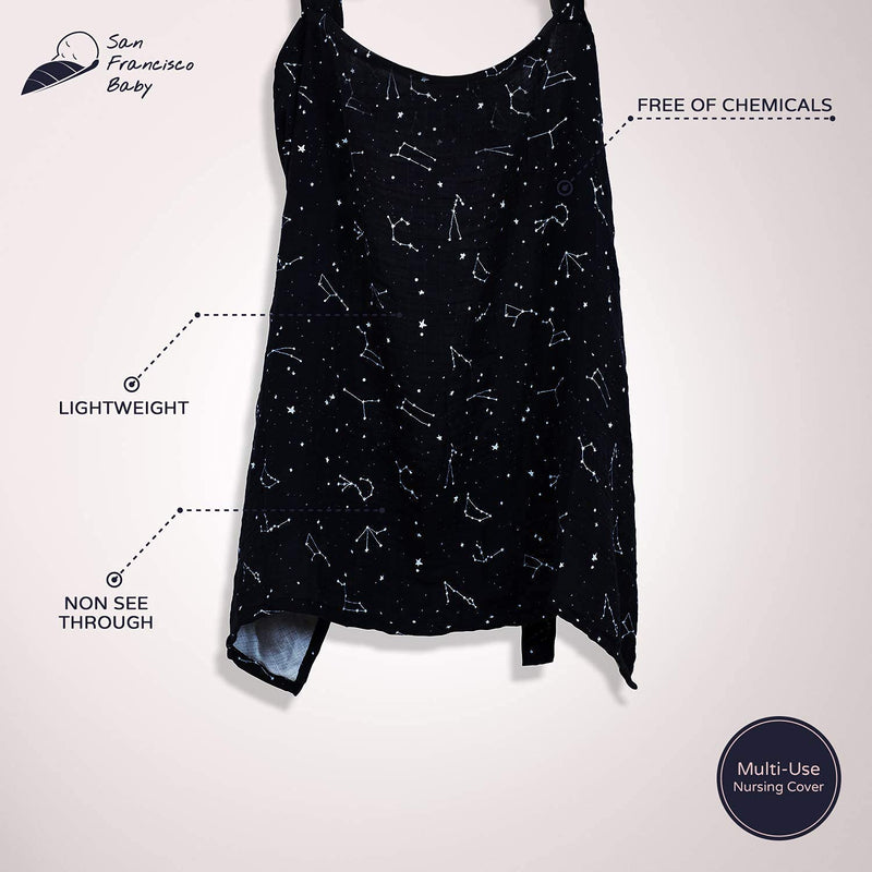 [Australia] - Cotton Nursing Cover - Large Breastfeeding Cover with Built-in Burp Cloth & Pocket - Soft, Breathable, Chemical-Free, 360° Coverage, Black Nursing Cover for Breastfeeding by San Francisco Baby Premium Black 