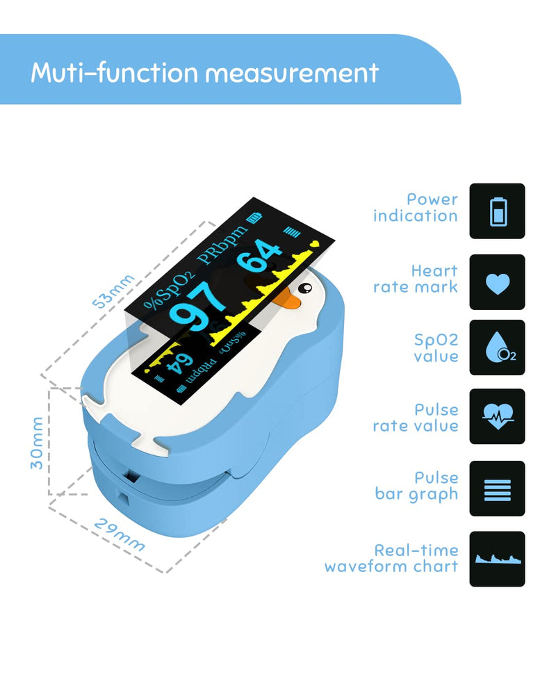 [Australia] - Pulse Oximeter for Kids, Vibeat Fingertip Blood Oxygen Meter with Smart Reminder for Children Baby Home Use, Batteries & Lanyard Included, Blue 