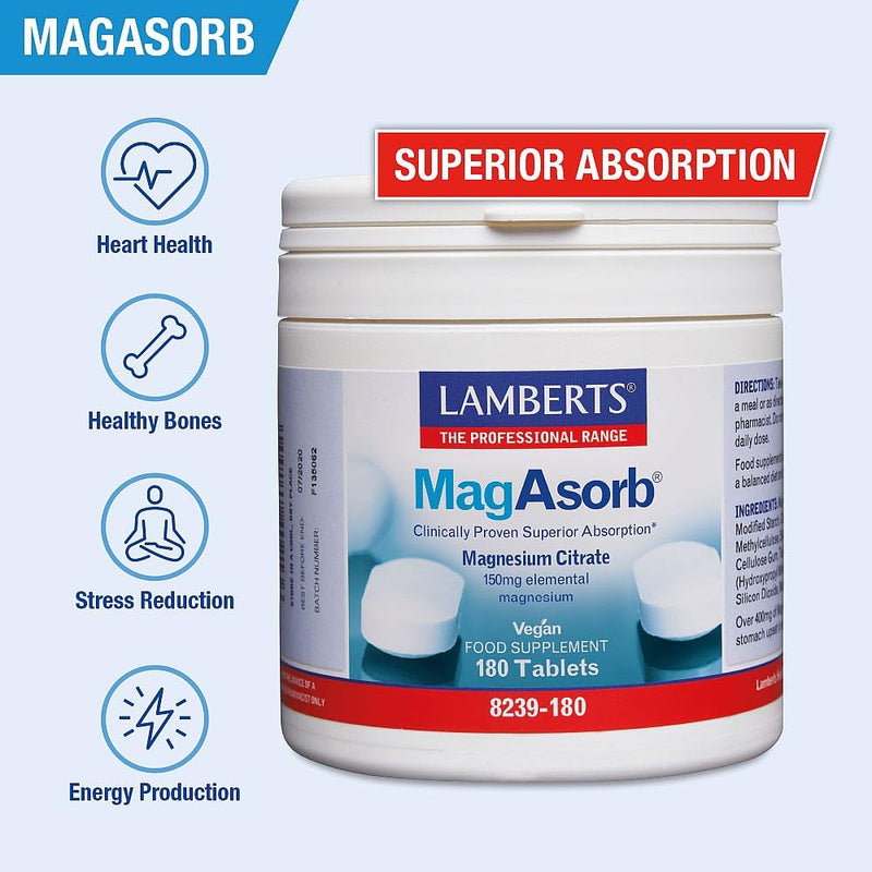 Lamberts MagAsorb Magnesium – High Absorption Citrate Form – Supports Muscles, Energy & Nervous System – 60 Vegan Tablets