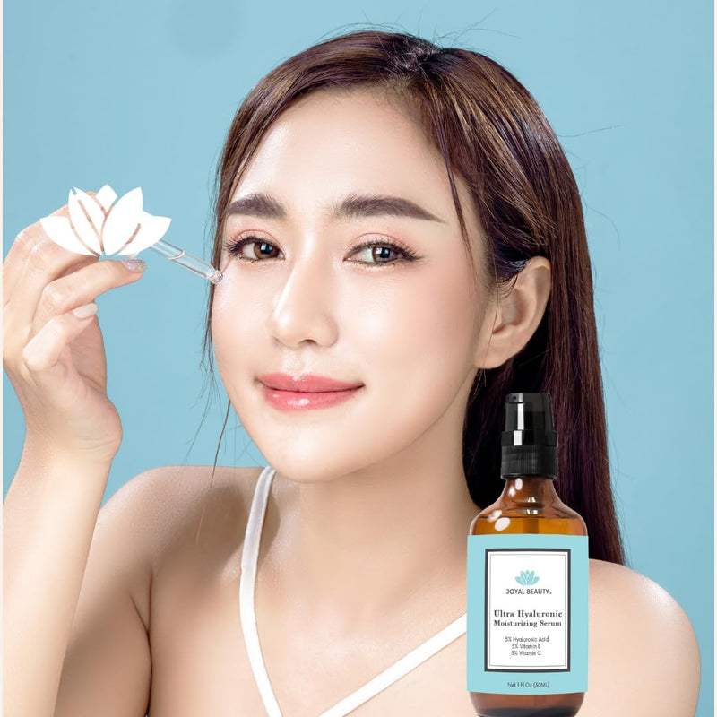 Ultra Hyaluronic Acid Serum for Face Skin 170 kDa with Vitamin C E Jojoba Oil by Joyal Beauty. Best Anti Aging Moisturizing Skin Serum For Supple Younger Look.