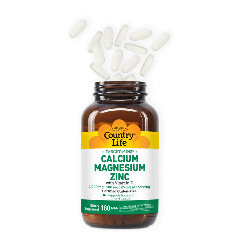Country Life Calcium Magnesium Zinc with Vitamin D3 and L-Glutamic Acid, Dietary Supplement for Bone Support, Certified Gluten Free, 1000mg/500mg/25mg, 180 Tablets 180 Count (Pack of 1)
