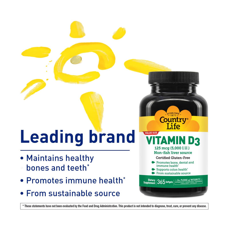 Country Life Vitamin D3 5000 IU – High Potency, Non-Fish Source, Supports Bone Health, Immune Function & Calcium Absorption – 365 Softgels, Certified Gluten-Free, Long-Term Supply