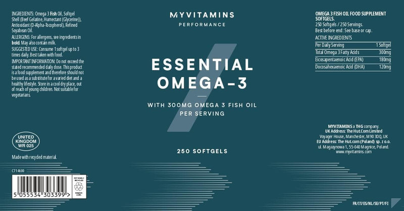 Myprotein Essential Omega 3 | 300mg Fish Oil Softgels with EPA & DHA | Supports Heart Health, Joint Care & General Wellbeing | 250 Capsules | 80 Day Supply | Omega-3 Fatty Acids Supplement