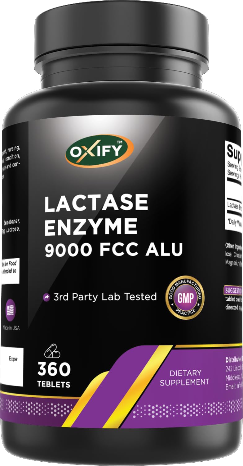 [Australia] - Oxify Lactase Enzyme 9000 FCC ALU | 360 Tablets | Gluten-Free, Non-GMO | Supplement Made in USA 