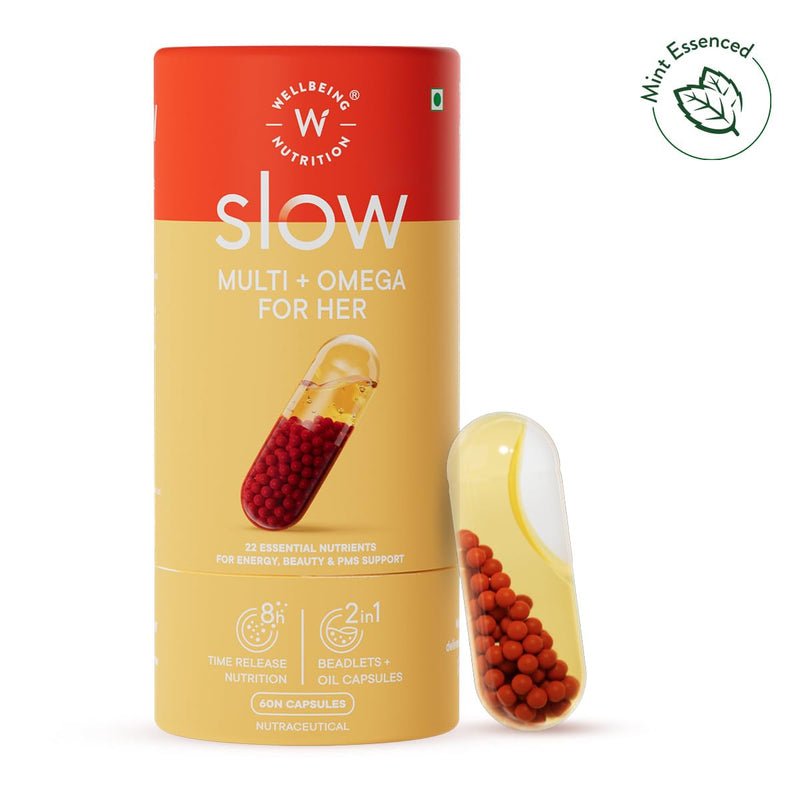 WELLBEING NUTRITION Slow Multi + Omega for Her Multivitamin Capsule for Women | Vegan Omega-3 Oil, B-Complex, Antioxidant Blend for her