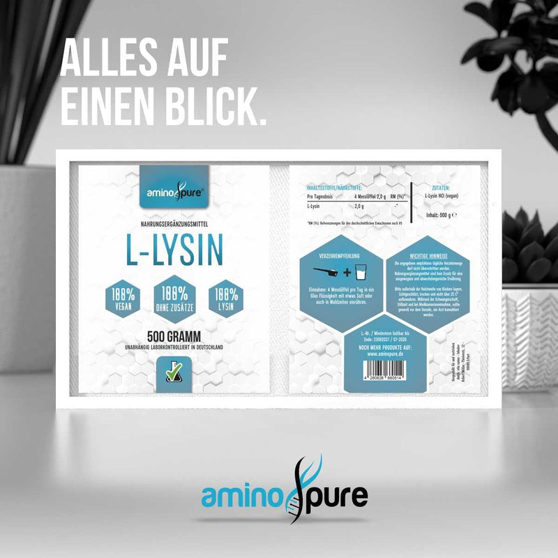 [Australia] - aminopure® | Lysine powder pure | pure L-lysine without additives | 250 servings (2 grams per day) | 100% vegan and tested for harmful substances in the laboratory with certificate | 500 grams 