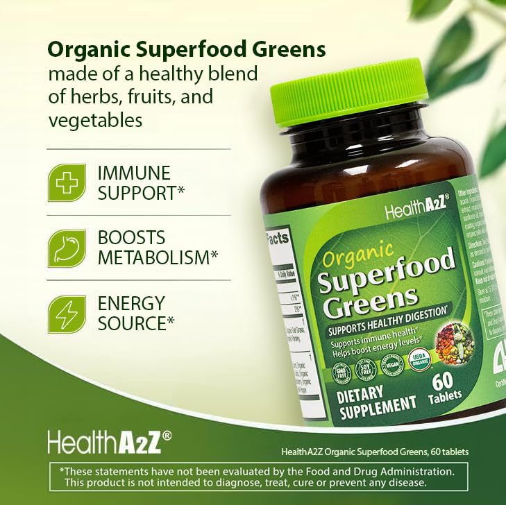 [Australia] - HealthA2Z¬Æ Organic Superfood Greens | 60 Tablets | Greens Blend 720mg | Fruits & Veggies Blend 580mg | Alfalfa, Broccoli, Spinach, Spirulina, Apple, Beet Root, Strawberry & Much More! 
