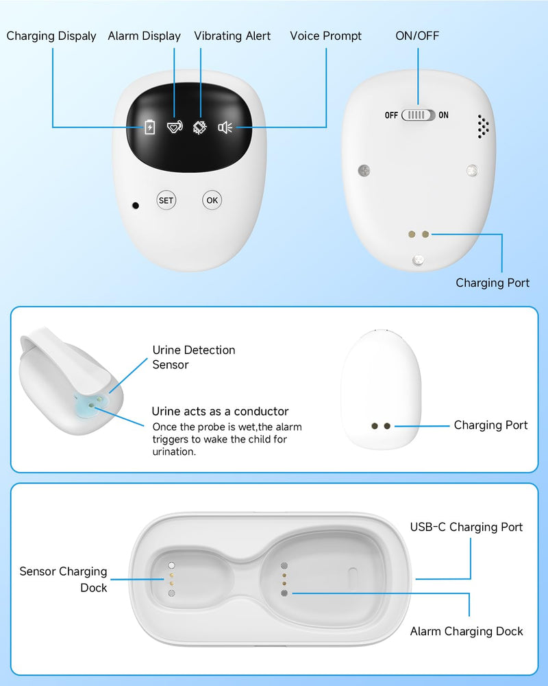[Australia] - US-Patented Wireless Bedwetting Alarm for Boys and Girls,High Sensitivity Sensor for Deep Sleepers, USB-C Rechargeable, 3 Modes (Vibration/Sound/Combo), Split Sensor (787in), Portable Case, 20-Day Use 