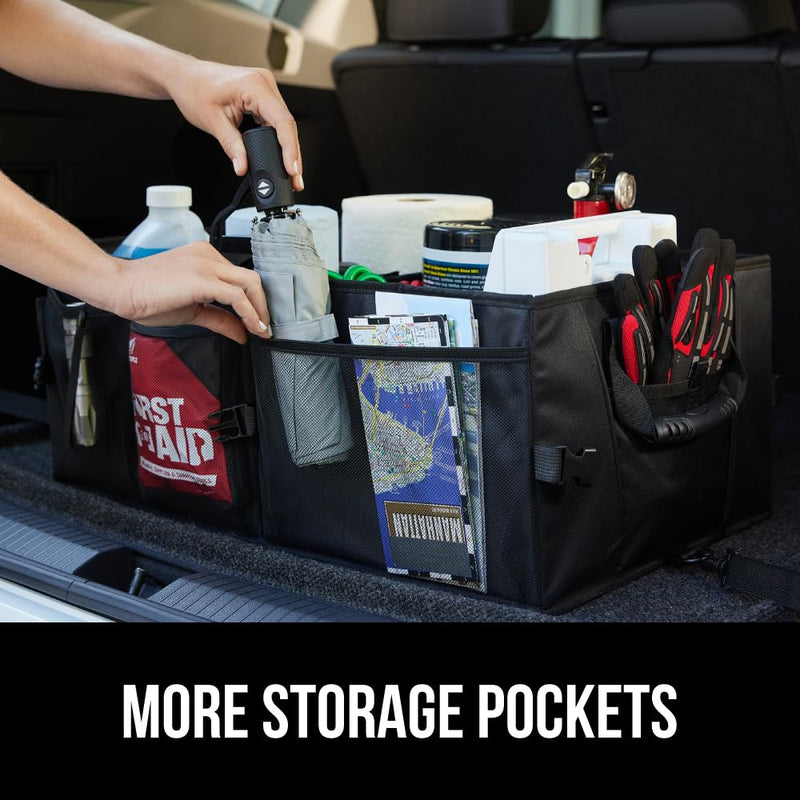 GORILLA GRIP Umbrella and Trunk Organizer, Umbrella has One-Click Automatic Open and Close, Trunk Organizer is Collapsible, Multi Compartment Container, Both in Black, 2 Item Bundle