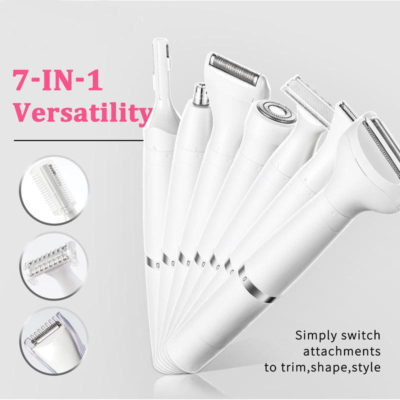 7-in-1 Electric Razor for Women - Painless Facial Hair Removal & Bikini Trimmer, Nose Eyebrow Pubic Hair Shaver with Replaceable Razors, Waterproof Women's Grooming Kit & Electric Shaver White 7 in 1