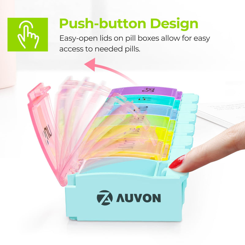 AUVON Weekly Pill Organizer Arthritis Friendly, BPA Free Travel 7 Day Pill Box Case with Spring Open Design and Large Compartment to Hold Vitamins, Cod Liver Oil, Supplements and Medication Light Blue