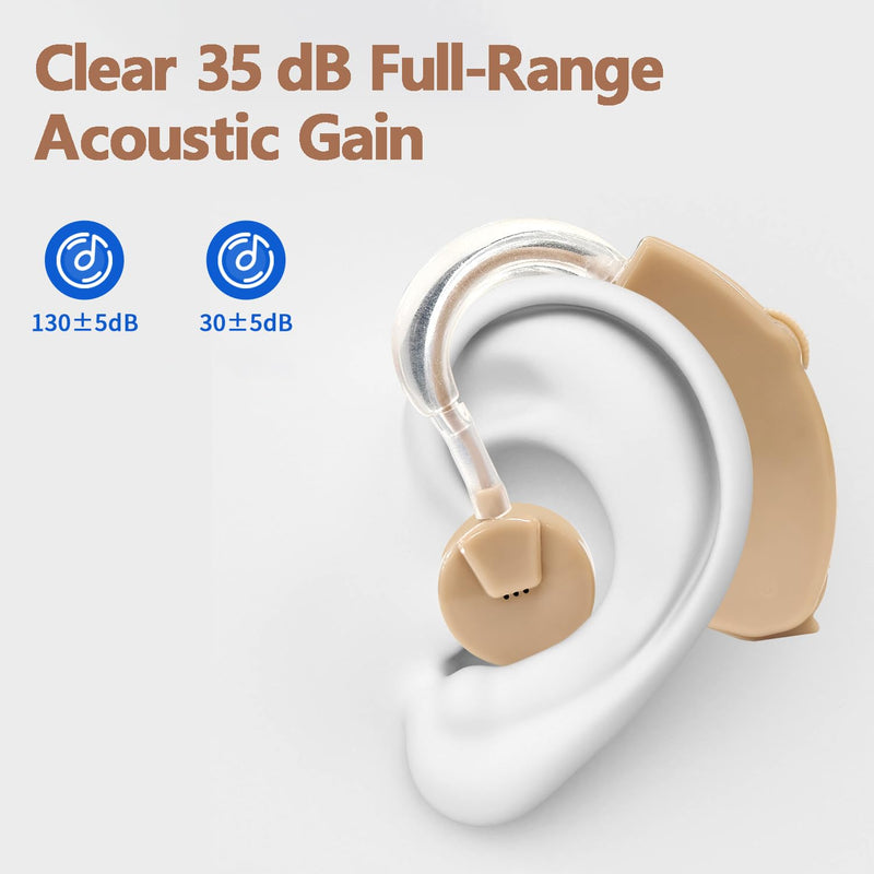 Hearing Amplifier for Adults & Seniors (Pair), Behind-the-Ear Personal Hearing Support Device with 6 Volume Levels, Noise Reduction for Clear Conversations & TV, 6 Domes, Battery Powered, Case Beige 2-pack