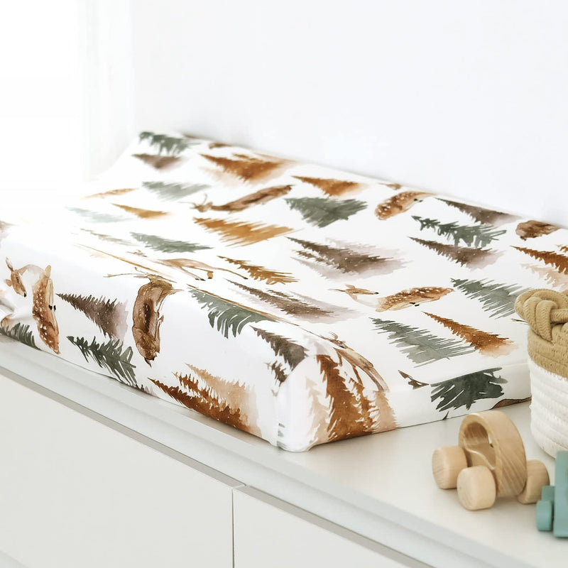 [Australia] - GRSSDER Stretch Ultra Soft Jersey Knit Changing Pad Cover Set 2 Pack, Change Table Pad Covers Fit 32"/34" x 16" Pads Safe and Snug, Stylish Jungle Deer Pattern for Baby Brown 