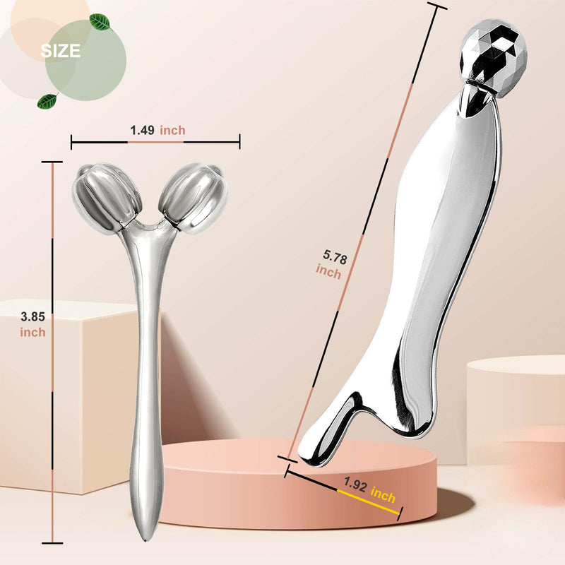 Face & Body Roller Massager - Guasha Tool for Face, Neck & Eyes, Stainless Steel, Chin Lift, Skin Tightening (Silver White) Silver White