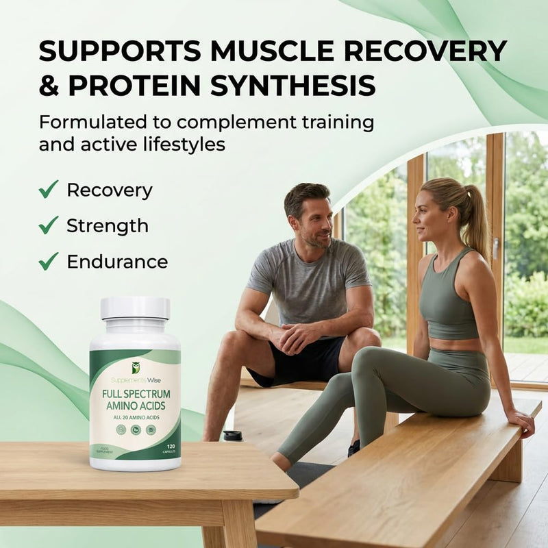 Full Spectrum Amino Acids Complex - 120 Powder Capsules - Free Form Amino Acid Supplements - Includes Essential (EAA) and BCAA for Optimal Benefits - Suitable for Vegans - Up to 4 Month Supply