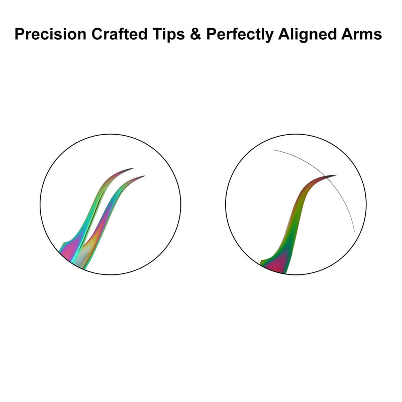 2Pcs Eyelash Extension Tweezers Set Made of Japanese Stainless Steel with Pouch (Multi Titanium Coated) Multi Titanium Coated