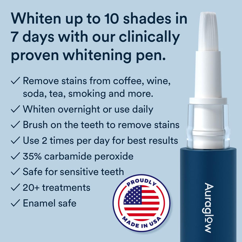 [Australia] - Auraglow Teeth Whitening Pen, Overnight Teeth Whitening Pen, 35% Carbamide Peroxide, 20+ Whitening Treatments, No Sensitivity, 2.8mL 