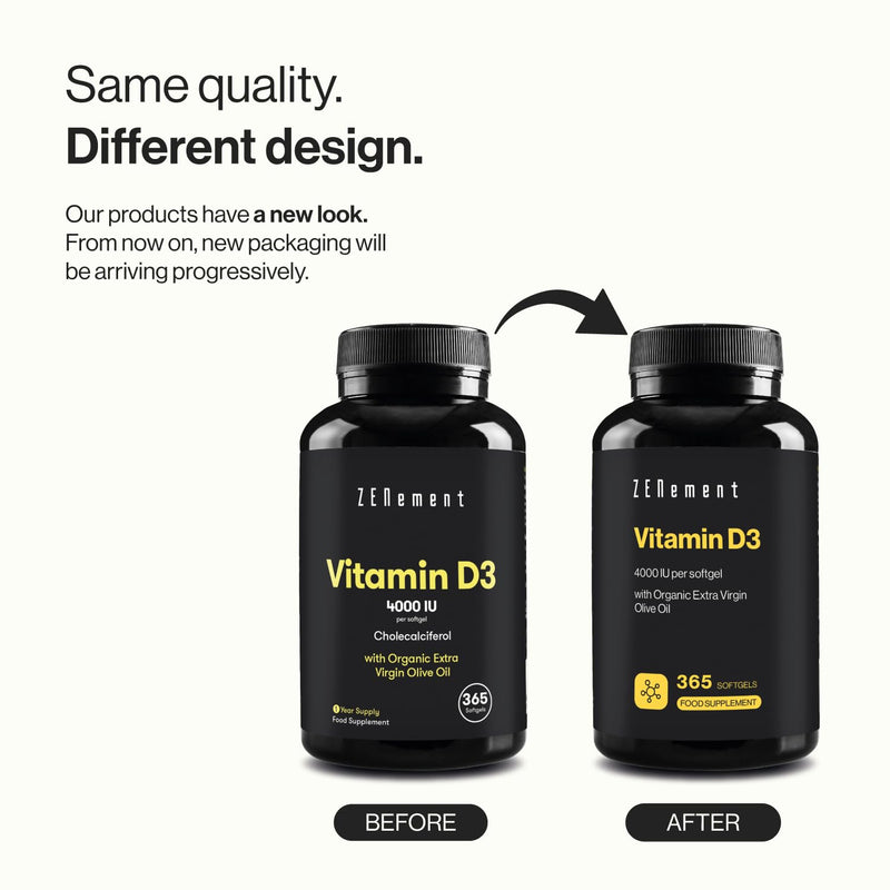 Vitamin D3, 4000 IU per softgel, 365 Softgels | with Organic Extra Virgin Olive Oil | Bones, Muscles and Immune System | Soy Free, Non-GMO | Zenement