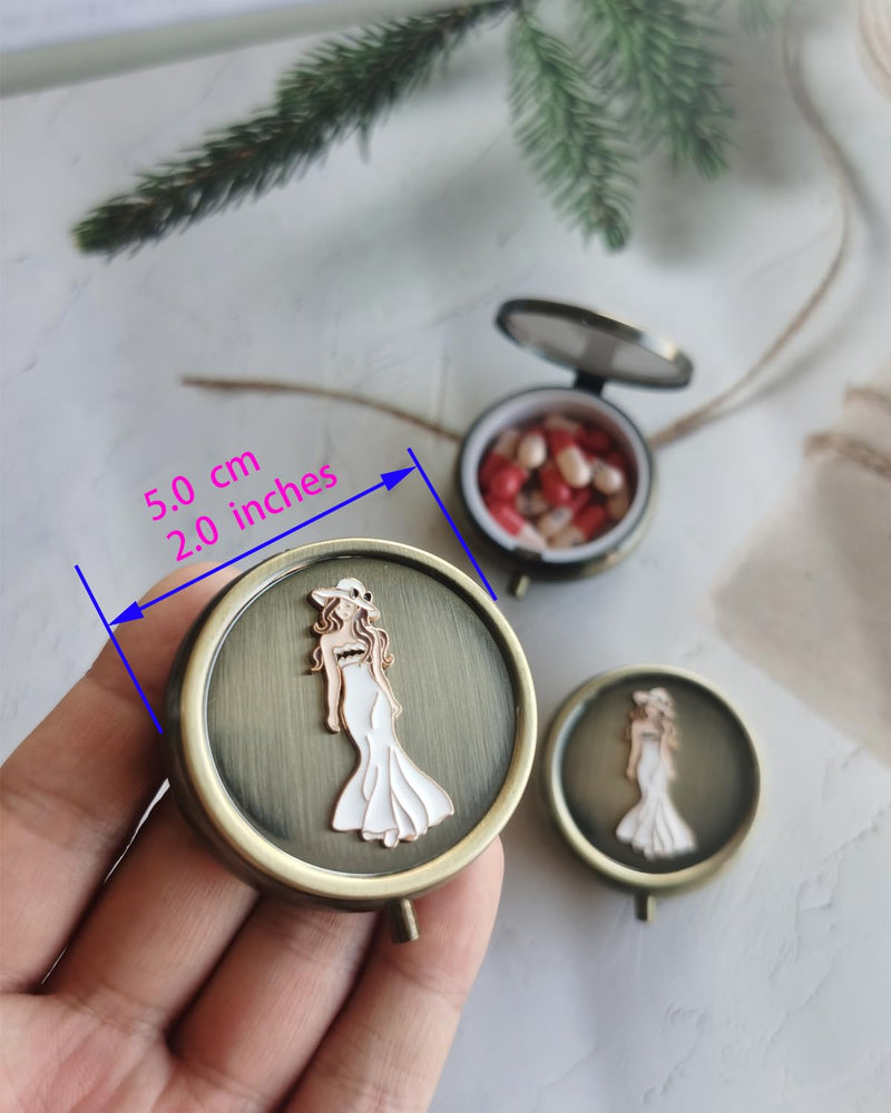 Exquisite Daily Pill Organizer Box - Weekly Vitamin Pill Box Round Metal Pill Box, Small Travel Pill Organizer Box for Purse, Round Compact Travel Medication Case (Beautiful Woman) Beautiful Woman