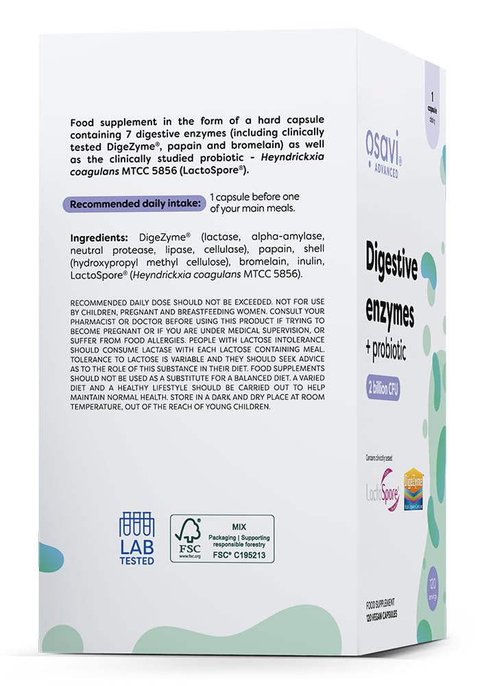 Osavi Digestive Enzymes + Probiotic – 120 Vegan Capsules | DigeZyme® + LactoSpore® | 7 Digestive Enzymes with Papain & Bromelain | Clinically Studied Ingredients | Clean Label