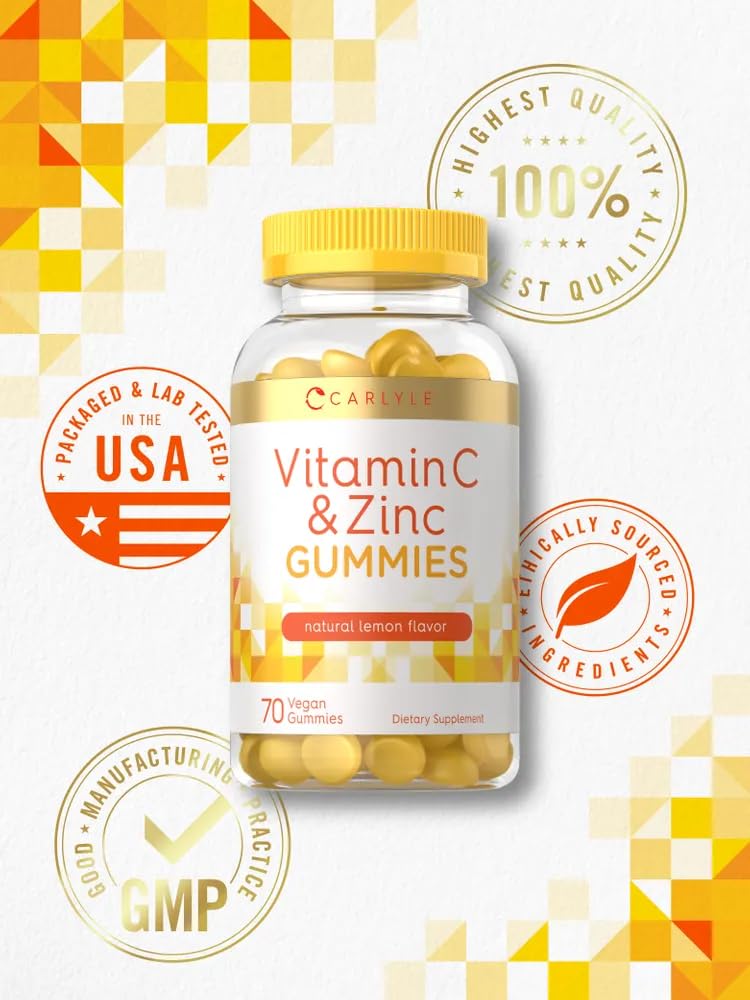 Carlyle Vitamin C and Zinc Gummies | 70 Count | Lemon Flavor | Vegan, Non-GMO, and Gluten Free Supplement 70 Count (Pack of 1)
