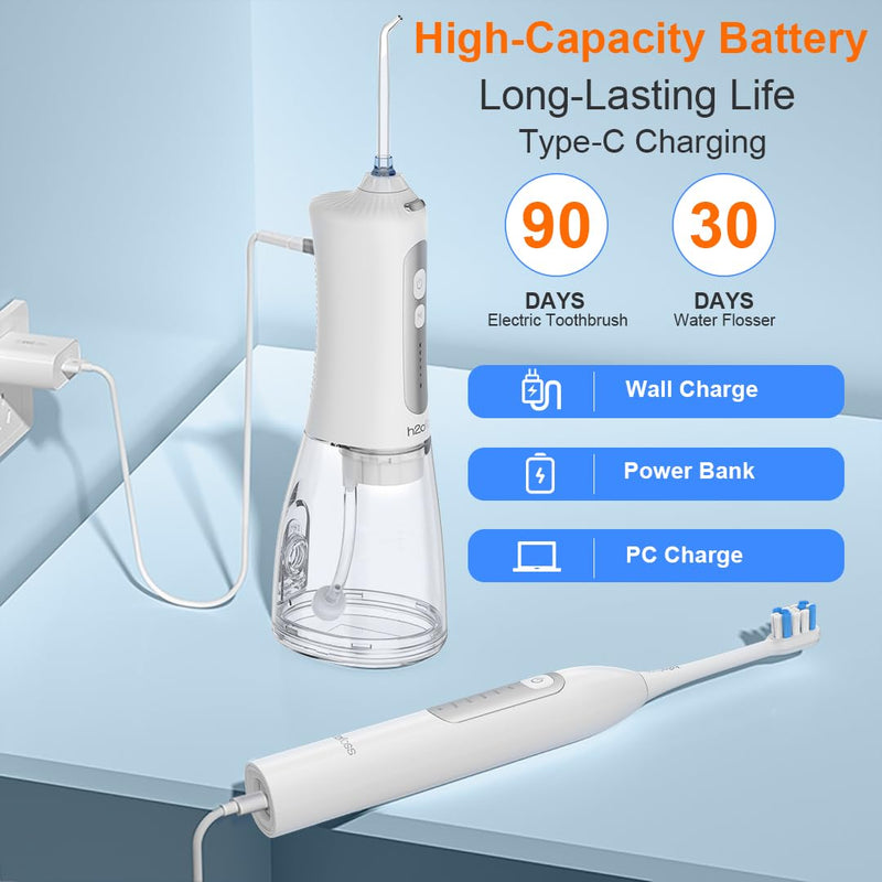 [Australia] - H2ofloss Sonic Electric Toothbrush and Water Flosser Combo, Rechargeable 2000mAh Toothbrush and 2500mAh Oral Irrigator with 300ml Tank, 4 Brush Heads, 5 Nozzles, 2 in 1 for Home and Travel (White) White 