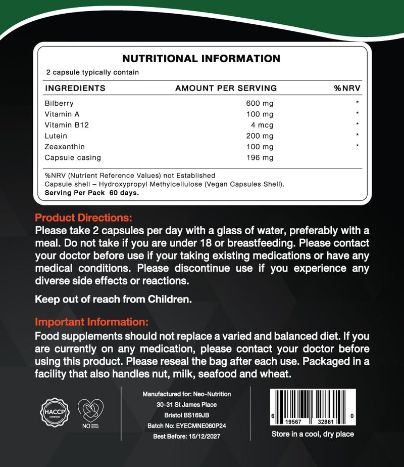 Pure Eye Complex 60 Capsules - Lutein, Zeaxanthin, VIT A, Bilberry, & VIT B – Super Mix – UK Manufactured 60 count (Pack of 1)