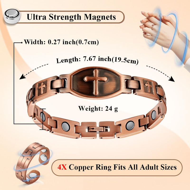[Australia] - Vicmag Copper Magnetic Bracelet for Women 99.9% Solid Pure Copper Strong Magnets Jewelry Gift Adjustable Length Classic Cross 