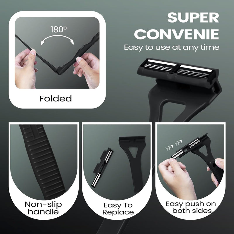Back Shavers for Men with Foldable Long Ergonomic Handle: DIY Hair Shaver, Replaceable Safety Blade & Portable Razor Groomer for Men, Wet & Dry Shaving-Black (8PCS Blades Included) Black