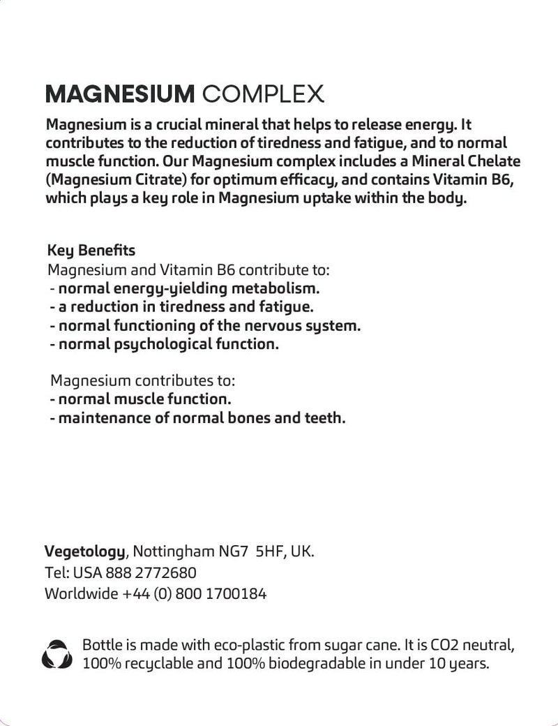 Vegetology Magnesium Supplements with Vitamin B6, 3-in-1 Complex, 60 Vegan Capsules, High Strength, Supports Energy, Muscle Function, and Overall Wellness, Age 11+