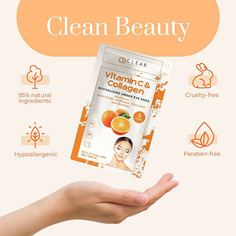 Clear Beauty Vitamin C & Collagen Under Eye Patches – Reduces Dark Circles, Puffiness & Fine Lines – Hydrating & Firming Eye Pads – Dermatologist Tested, Korean Skin Care, Vegan Clean Beauty – 3 Pack Vitamin C & Collagen (15 Pairs)