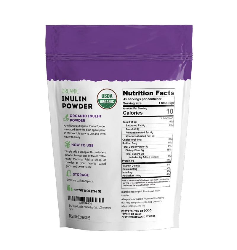 [Australia] - Kate Naturals Inulin Powder Organic from Blue Agave (8oz) Soluble Prebiotic Fiber for Coffee, Yogurt & Smoothies 
