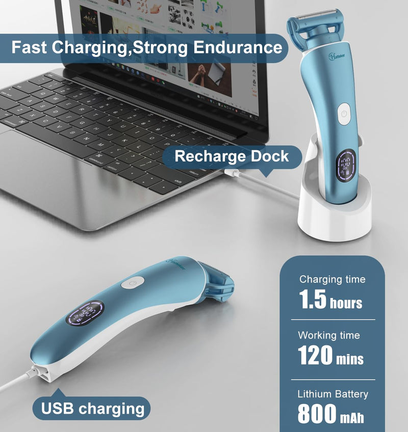 Hatteker Women's Electric Shaver Bikini Trimmer Hair Trimmer for Women Electric Razor for Legs Bikini Underarm Public Hairs Led Display IPX7 Waterproof Gift for Women (Blue) Blue