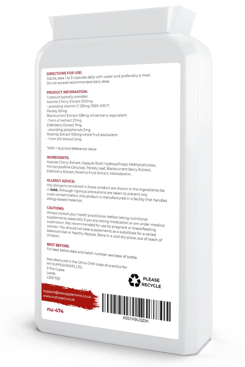 Acerola Cherry Extract 120 Vegan Capsules - Natural Vitamin C (Food Form) Complex - Enhanced with Rosehip, Elderberry, Parsley and Blackcurrant Extract - UK Made to The GMP Code of Practice