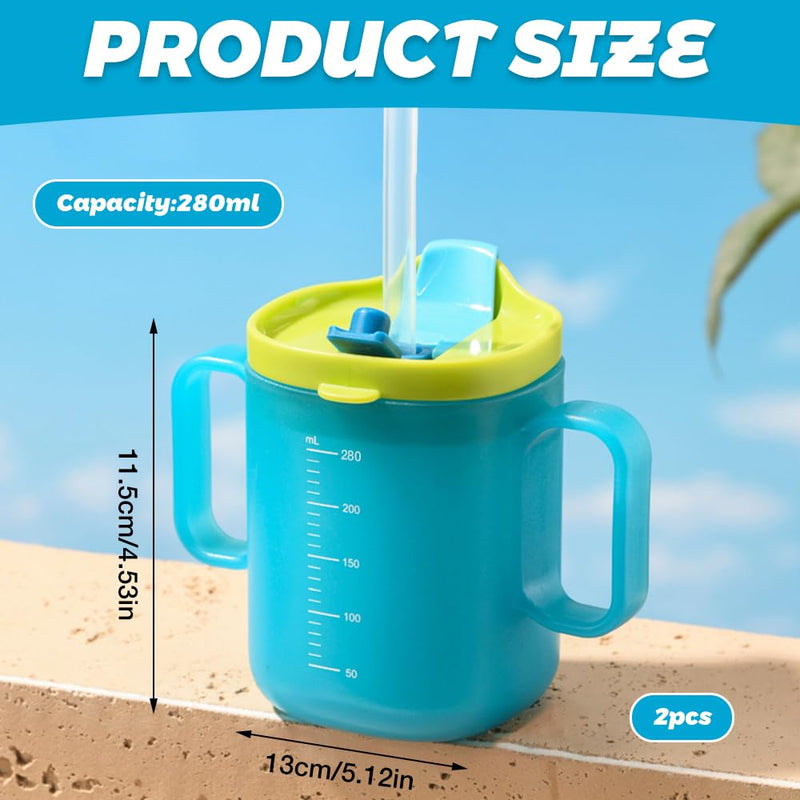 2 PCS Elderly Spill Proof Cups, 280 ml Unspillable Cup with 2 Handles, Elderly Drinking Cup, Feeding Cup Drinking Cup with Lid and Straw, Adult Sippy Cups for The Elderly Non Spill (Blue) Blue(2pcs)