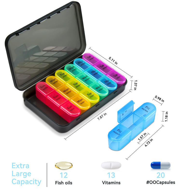 Weekly Pill Organizer 3 Times A Day, 7 Day Pill Box Large Compartments Moisture-Proof Pill Case, Daily Portable Travel Morning Noon Evening Pill Container, for Fish Oils, Vitamins, Supplements