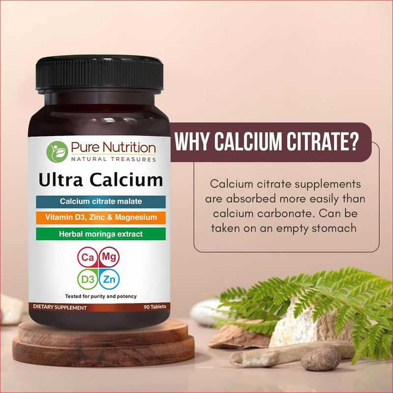 Pure Nutrition Ultra Calcium 1000mg with VIT D3 + K | 270 Tabs (90 X Pack of 3) | Calcium Supplement with Calcium Citrate Malate, VIT D3, K, Moringa Oleifera, Magnesium and Zinc. 90 Count (Pack of 3)