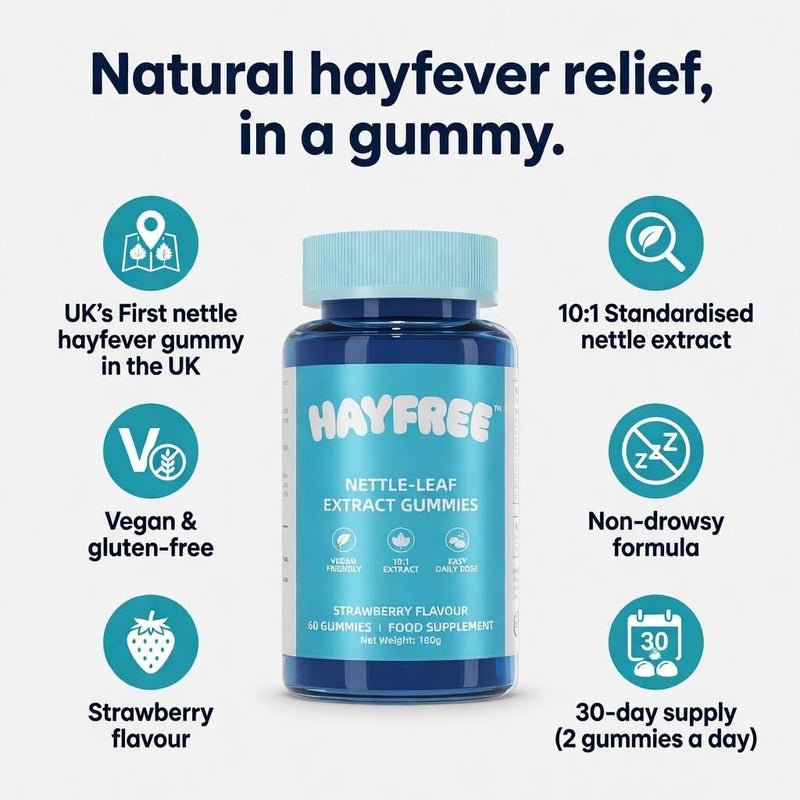 Hayfever Relief Gummies | UK's First Nettle Hay Fever Gummy | 10:1 Nettle Leaf Extract | Non-Drowsy, Vegan, Gluten-Free | Strawberry Flavour | 60 Gummies | 30 Day Supply