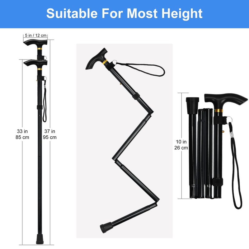 supregear Folding Cane, 5-Level Adjustable Height Walking Stick Lightweight Portable Cane Travel Cane with Wrist Strap and T Handle for Elderly Disabled Men Women Black