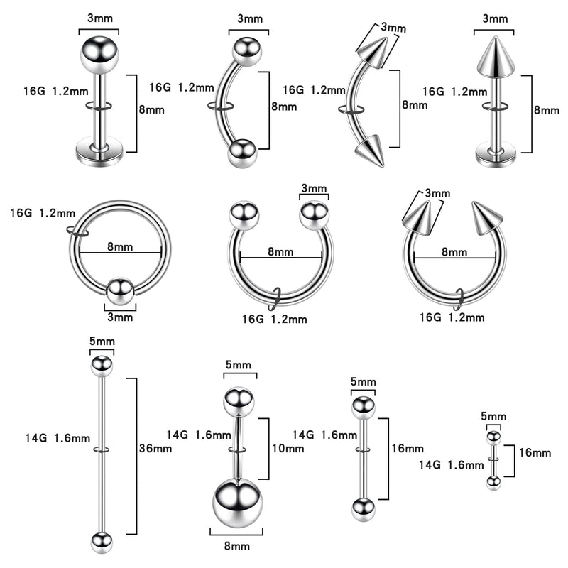 [Australia] - 104pcs Piercing Kit 14G16G Belly Button Piercing Kit Septum Piercing Kit Belly Piercing Kit Piercing Kits for all piercings (Stainless steel color) 