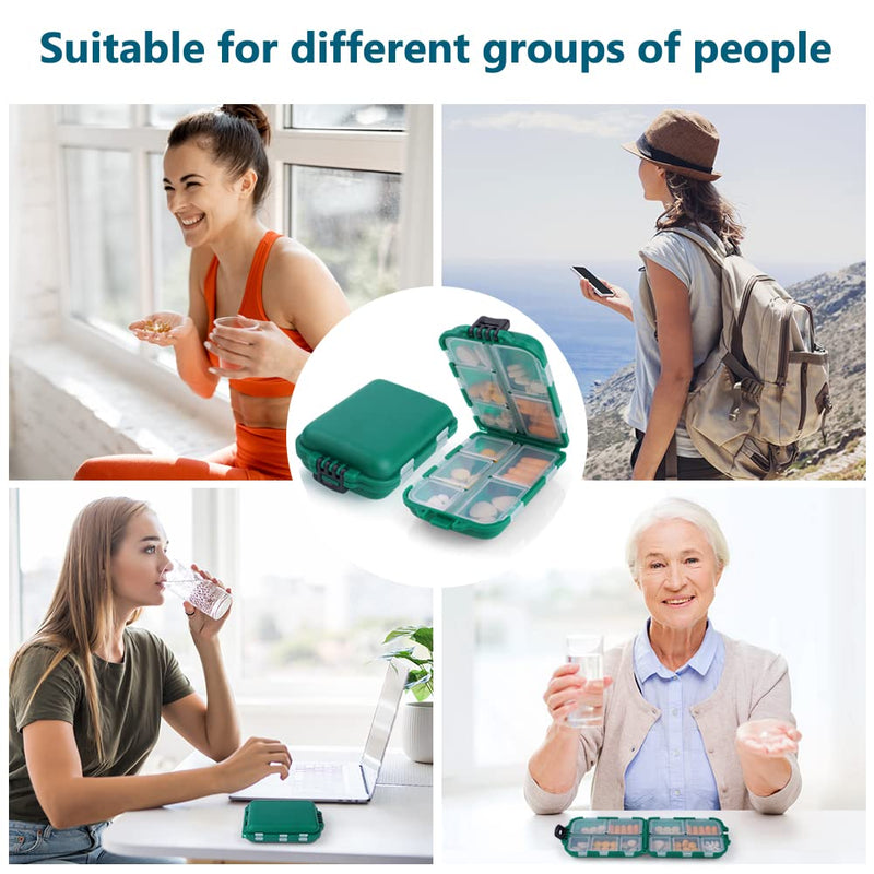 AOOWU Travel Pill Organizer, 10 Compartments Small Pill Case, Portable Daily Medicine Storage Box, Medication Travel Case for Pocket Purse, Pillbox for Vitamin Fish Oil Supplement, Medicine Container Green