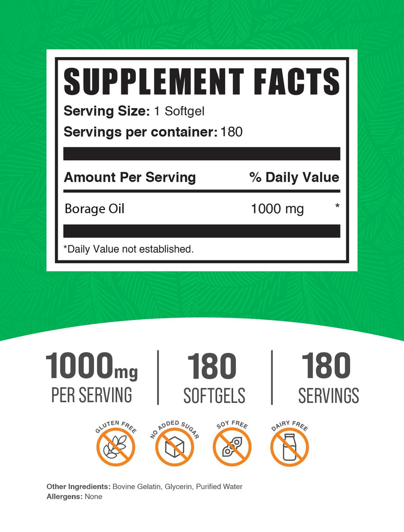 [Australia] - BulkSupplements.com Borage Oil Softgels - Gamma Linolenic Acid Supplement, Borage Oil Supplements, Borage Oil 1000mg - Gluten Free, 1 Softgel per Serving, 180 Count (Pack of 1) 