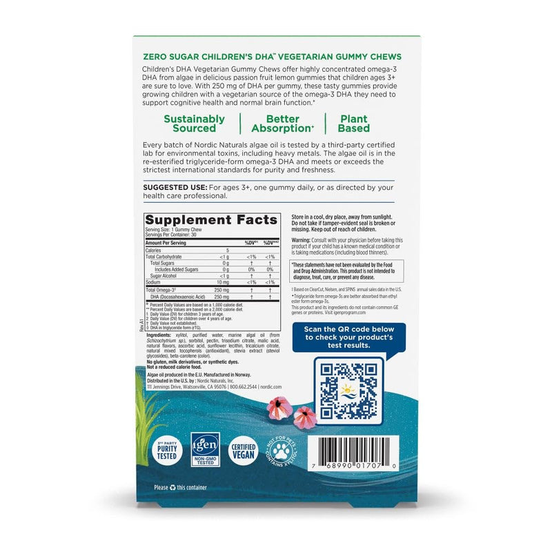 [Australia] - Nordic Naturals Zero Sugar Children’s DHA Vegetarian Gummy Chews - Passion Fruit Lemon Flavor - 30 Gummies - Vegan Algae Oil Omega-3 Supplement for Kids Brain & Cognition Support - 30 Servings 