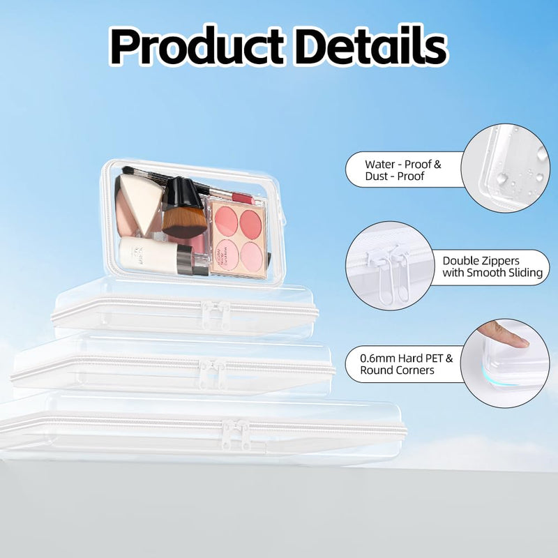 4 Pack Clear Hard Shell Zipper Case (S,M,L,XL), 1.2mm Crush-Proof Transparent Storage Pouches, Hard Plastic Packing Cubes & Organizer Bags for Travel, Pencil, Cosmetics, Toiletry, Toys Storage 4 Pack(S,M,L,XL)